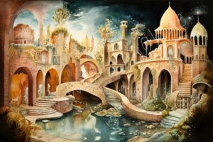 fantasie fantasy ki aquarell watercolor color traumwelt traum dream world ai haus häuser märchen fairy tale house