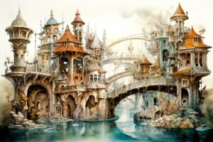 fantasie fantasy ki aquarell watercolor color traumwelt traum dream world ai haus häuser märchen fairy tale house wasser water