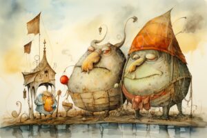 fantasie fantasy ki aquarell watercolor color traumwelt traum dream world ai haus häuser figur illustration skizze märchen fairy tale house