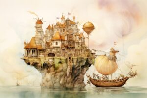 fantasie fantasy ki aquarell watercolor color traumwelt traum dream world ai haus häuser märchen fairy tale ship schiff universum magie magic magisch mystisch kreaturen creatures