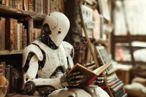 fantasie fantasy ki traumwelt traum dream world ai haus magie magic robot roboter bücher buch book books bookshelf lesen reading