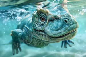 Schwimmendes Dinobaby dino dinosaur dinosaurier baby urzeit ki tier tiere natur echse reptilien drache dragon primeval time reptile lizard funny lustig fun humor spaß spass swim schwimmen wasser water