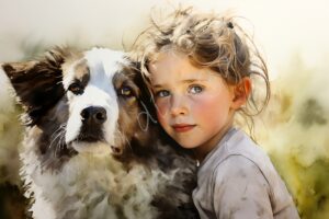 Aquarell - Kind und Hund kind hund aquarell dog child watercolor mischling male "she-dog"