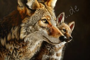 Koyote mit Welpe hund welpe kojote koyote coyote puppie eye blick view look